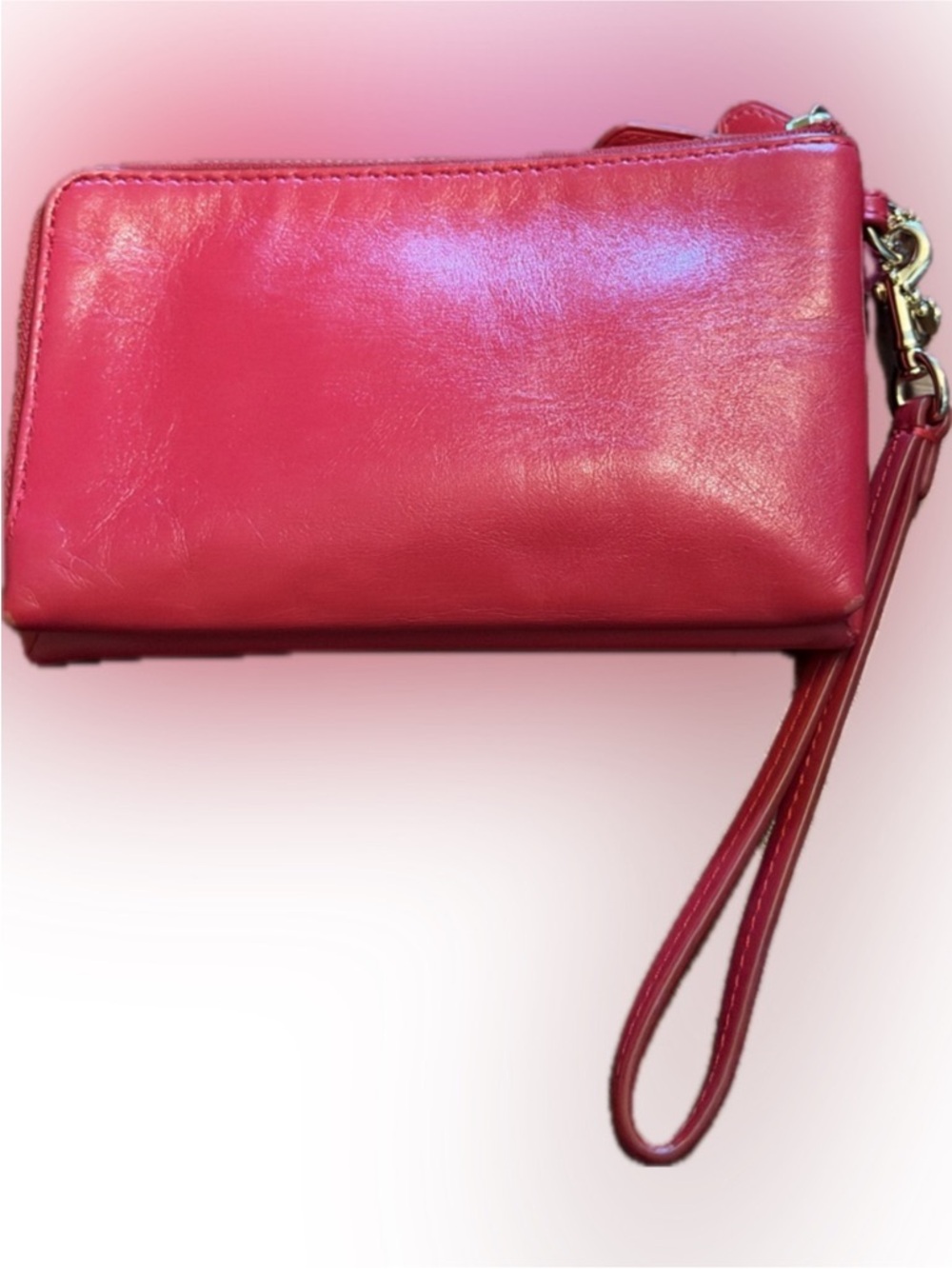 Coach Red Leather Wristlet Clutch with Gold Logo Double Zipper - Picture 2 of 11
